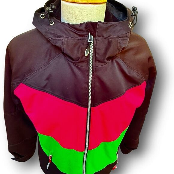 Obermeyer Ski Jacket Women's 10 Black Neon Pink & Green Full Zip Hooded Coat - Picture 5 of 15